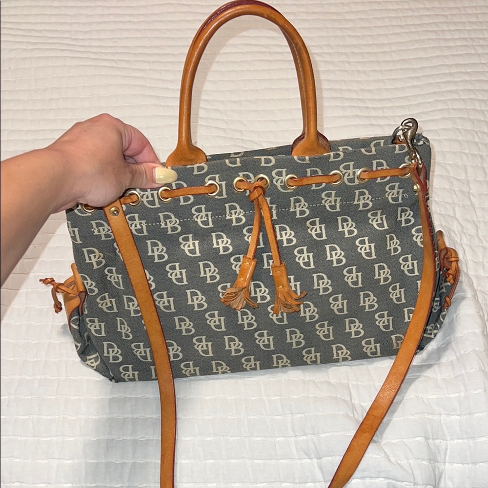 Dooney & Bourke Gray and Tan Satchel with Monogram Print